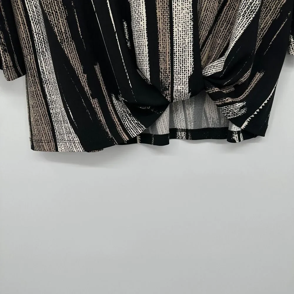 Clara Sun Woo Top Shirt Size XS Stretch Knit 3/4 Flare Sleeve Black Beige Blouse
